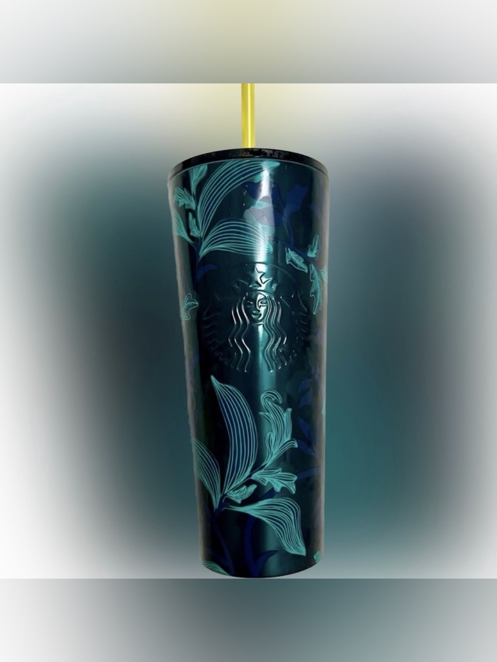 Starbucks stainless sleel Dark Teal Floral Cup with Yellow Straw